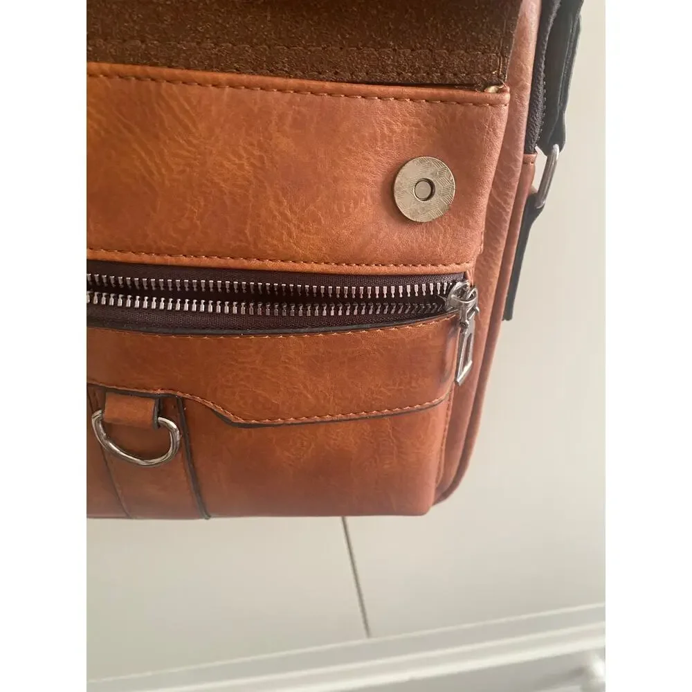 WEIXIER Men's Crossbody Bag Faux Leather Small Shoulder Bag Cognac Brown NWOT